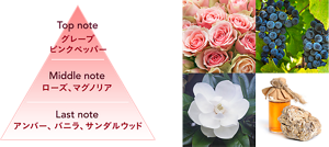 Top note:グレープ、ピンクペッパー　Middle note:ローズ、マグノリア　Last note:アンバー、バニラ、サンダルウッド