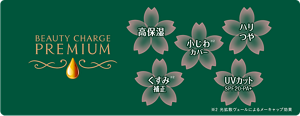 ビューティーチャージ プレミアム 5つの特長。高保湿、くすみ※2補正、小じわ※2カバー、ハリつや、UVカットSPF20・PA＋ ※2 光拡散ヴェールによるメーキャップ効果