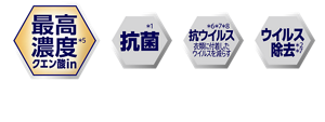 最高濃度クエン酸in *5、抗菌 *1、抗ウイルス（衣類に付着したウイルスを減らす） *6 *7 *8、ウイルス除去 *2 *7　＊1 すべての菌の増殖を抑えるわけではありません　＊2 すべての菌・ウイルスを除去するわけではありません　＊3 菌を洗い流すこと　＊4 洗濯環境下で繰り返し洗浄後の菌数を評価 カビは除去できません　＊5 アタック液体内において　＊6 すべてのウイルスを減少させるわけではありません　＊7 エンベロープタイプのウイルス１種で効果を検証　＊8 繰り返し洗濯することで効果を発揮します