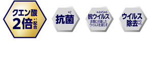 最高濃度クエン酸in *5、抗菌 *1、抗ウイルス（衣類に付着したウイルスを減らす） *6 *7 *8、ウイルス除去 *2 *7　＊1 すべての菌の増殖を抑えるわけではありません　＊2 すべての菌・ウイルスを除去するわけではありません　＊3 菌を洗い流すこと　＊4 洗濯環境下で繰り返し洗浄後の菌数を評価 カビは除去できません　＊5 アタック液体内において　＊6 すべてのウイルスを減少させるわけではありません　＊7 エンベロープタイプのウイルス１種で効果を検証　＊8 繰り返し洗濯することで効果を発揮します