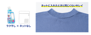 洗剤とネットの組み合わせでの仕上がりの比較画像。ラク干し×ネットなしの仕上がりイメージ。ネットに入れたときと同じくらいキレイ。