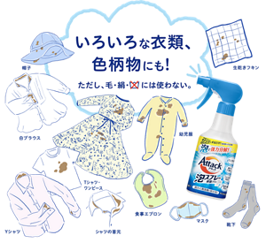 いろいろな衣類、色柄物にも！ただし、毛・絹・家庭洗濯NGには使わない。いろいろな衣類の汚れ、ニオイに使える洗濯物例