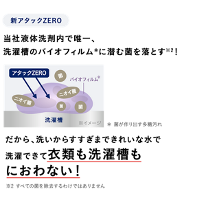 新アタックZEROの効果解説イメージと解説。当社液体洗剤内で唯一、洗濯槽のバイオフィルム＊に潜む菌を落とす※2！だから、洗いからすすぎまできれいな水で洗濯できて衣類も洗濯槽もにおわない！ ※2 すべての菌を除去するわけではありません