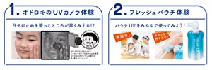 1. オドロキのUVカメラ体験：日やけ止めを塗ったところが黒くみえる!?／2. フレッシュパウチ体験：パウチUVをみんなで使ってみよう！