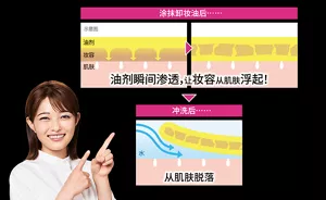 涂抹卸妆油后…… 油剂瞬间渗透，让妆容从肌肤浮起！冲洗后…… 从肌肤脱落