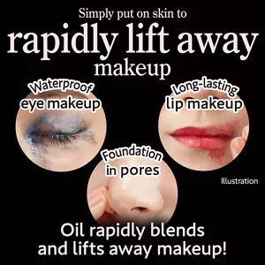 Simply put on skin to rapidly lift away makeup. Waterproof eye makeup / Long-lasting lip makeup / Foundation in pores. Oil rapidly blends and lifts away makeup!