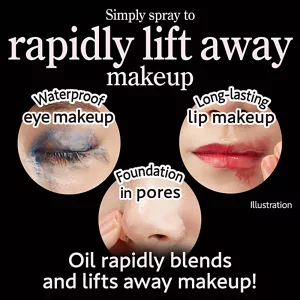 Simply spray to rapidly lift away makeup. Waterproof eye makeup / Long-lasting lip makeup / Foundation in pores. Oil rapidly blends and lifts away makeup!