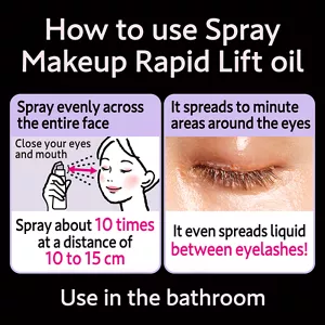 How to use Spray Makeup Rapid Lift oil. Spray evenly across the entire face. Spray about 10 times at a distance of 10 to 15 cm. It spreads to minute areas around the eyes. It even spreads liquid  between eyelashes! Use in the bathroom