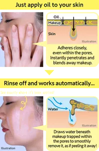 Just apply oil to your skin. Adheres closely, even within the pores. Instantly penetrates and blends away makeup. Rinse off and works automatically... Draws water beneath makeup trapped within the pores to smoothly remove it, as if peeling it away!