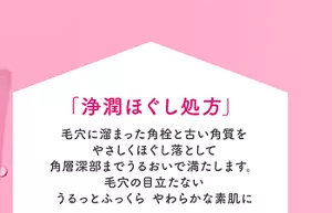 「浄潤ほぐし処方」毛穴に溜まった角栓と古い角質をやさしくほぐし落として角層深部までうるおいで満たします。毛穴の目立たないうるっとふっくら やわらかな素肌に