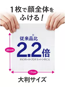 1枚で顔全体をふける！ 20cm×17cm、従来品(※)比2.2倍、大判サイズ（※ビオレふくだけコットンのこと）