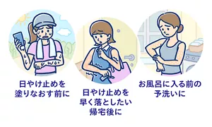 日やけ止めを塗りなおす前に／日やけ止めを早く落としたい帰宅後に／お風呂に入る前の予洗いに
