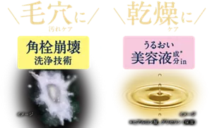  毛穴汚れケアに角栓崩壊洗浄技術 ✕ 乾燥ケアにうるおい美容液成分(＊)in（＊ヒアルロン酸、グリセリン（保湿））