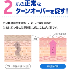 2. 肌の正常なターンオーバーを促す！　古い角層細胞をはがし、新しい角層細胞に生まれ変わるには弱酸性に保つことが大事です。