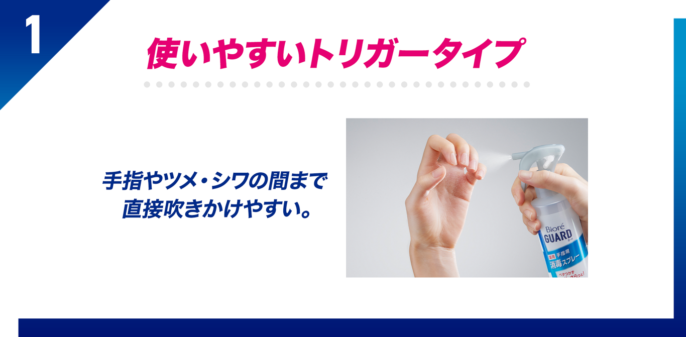 1. 使いやすいトリガータイプ。手指やツメ・シワの間まで直接吹きかけやすい。