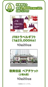 ［Aコース］対象商品を合計2,800円（税込）以上お買い上げの方：JTBトラベルギフト（1組25,000円分） 10組20名様／歌舞伎座 ペアチケット（2等A席） 10組20名様