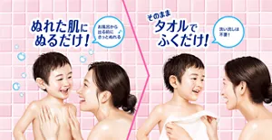 ぬれた肌にぬるだけ！ お風呂から出る前にさっとぬれる♪ → そのままタオルでふくだけ！ 洗い流しは不要！