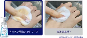 キッチン用泡ハンドソープ（イメージ）　当社従来品＊（イメージ）　＊ビオレu泡ハンドソープ使用の場合
