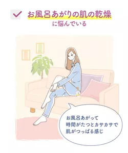 お風呂あがりの肌の乾燥に悩んでいる　「お風呂あがって時間がたつとカサカサで肌がつっぱる感じ」