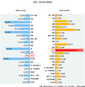棒グラフ：2018年の日本における男女別の部位別がん罹患数を表しています。女性の乳がん罹患数は93,858と圧倒的に多く女性の乳がんになる確立が非常に高いことを示しています。 男性の数字。口腔・咽頭は15,679。食堂は21,353。胃は86,905。結腸は53,940。直腸は32,474。大腸は86414。肝臓は26,163。胆嚢・胆管は11,926。膵臓は21,559。喉頭は4,763。肺は82,046。皮膚は12,391。乳房は661。前立腺は92021。膀胱は17,555。腎・尿路（膀胱除く）は20,193。脳・中枢神経系は3,169。甲状腺は4,790。悪性リンパ腫は19,106。多発性骨髄腫は4,126。白血病は8,359。女性の数字。口腔・咽頭は6,836。食堂は4,565。胃は39,103。結腸は47,309。直腸は18,531。大腸は65,840。肝臓は12,148。胆嚢・胆管は10,275。膵臓は20,800。喉頭は427。肺は40,777。皮膚は11,688。乳房は93,858。前立腺は92021。子宮は28,542。子宮頚部は10,978。子宮体部は17,089。卵巣は13,049。膀胱は5,675。腎・尿路（膀胱除く）は9,569。脳・中枢神経系は2,766。甲状腺は13,846。悪性リンパ腫は16,670。多発性骨髄腫は3,639。白血病は5,928。 出典は国立がん研究センターがん情報サービス「がん統計」（全国がん登録）