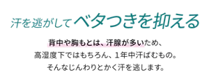 汗を逃がしてベタつきを抑える。背中や胸もとは、汗腺が多いため、高湿度下ではもちろん、1年中汗ばむもの。そんなじんわりとかく汗を逃します。