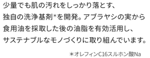 少量でも肌の汚れをしっかり落とす、独自の洗浄基剤(＊)を開発。アブラヤシの実から食用油を採取した後の油脂を有効活用し、サステナブルなモノづくりに取り組んでいます。（＊オレフィンC16スルホン酸Na）