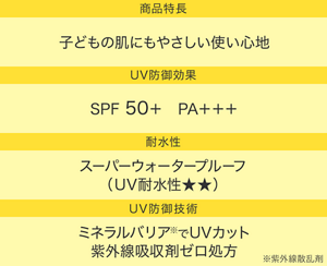 商品特長：子どもの肌にもやさしい使い心地／UV防御効果：SPF50＋ PA＋＋＋／耐水性：スーパーウォータープルーフ（UV耐水性★★）／UV防御技術：ミネラルバリア(※)でUVカット紫外線吸収剤ゼロ処方（※紫外線散乱剤）