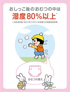 おしっこ後のおむつの中は湿度80％以上 ※当社測定値 おむつをつけている状態での湿度測定結果