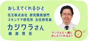 おしえてくれるひと：花王株式会社 研究開発部門 スキンケア研究所 主任研究員 カジワラ（梶原啓吾）さん。サンさんも一緒におしえてくれるよ！