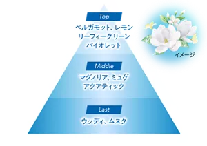 Top：ベルガモット、レモン、リーフィーグリーン、バイオレット／Middle：マグノリア、ミュゲ、アクアティック／Last：ウッディ、ムスク