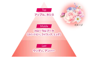 Top：アップル、カシス／Middle：フローラルブーケ（スイートピー、ライラック、ミュゲ）／Last：ウッディ、アンバー