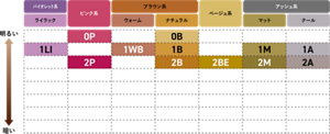 ルミエスト カラーバリエーション（全12色）　ライラックバイオレット系：1LI　ピンク系：0P 2P　ウォームブラウン系：1WB　ナチュラルブラウン系：0B 1B 2B　ベージュ系：2BE　マットアッシュ系：1M 2M　クールアッシュ系：1A 2A　※小さい数字ほど明るい色になります