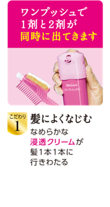 ワンプッシュで1剤と2剤が同時に出てきます　こだわり1 髪によくなじむ　なめらかな浸透クリームが髪1本1本に行きわたる
