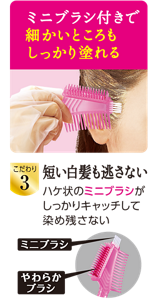 ミニブラシ付きで細かいところもしっかり塗れる　こだわり3 短い白髪も逃さない　ハケ状のミニブラシがしっかりキャッチして染め残さない
