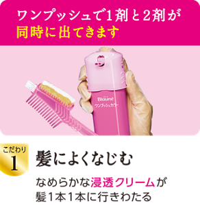 ワンプッシュで1剤と2剤が同時に出てきます　こだわり1 髪によくなじむ　なめらかな浸透クリームが髪1本1本に行きわたる