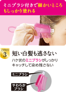 ミニブラシ付きで細かいところもしっかり塗れる　こだわり3 短い白髪も逃さない　ハケ状のミニブラシがしっかりキャッチして染め残さない