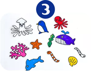 ③ペンギン、タコ、イカ、クジラ、ヒトデなど、海の生き物のオリジナルシールが完成した画像
