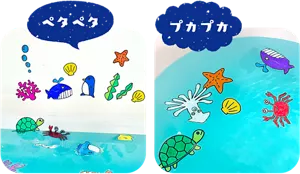 オリジナルシールをお風呂の壁にペタペタ貼っている画像と水色のお湯にプカプカ浮かべている画像
