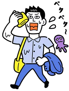 汗をかきながら、右肩に鞄をかけ左手にはジャケットを持ち、歩いている男性。ハンカチで顔の汗を拭いている。その周りをベタベタモンスターが飛んでいるイラストイメージ。