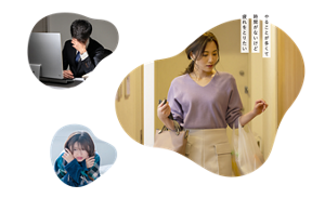 「やることが多くて時間がないけど疲れをとりたい」スーパーの袋を手に帰宅した女性のイメージ画像。オフィスで残業中、デスクワークしながら、かなり疲れている様子の男性社員と、部屋でブランケットにくるまって寒そうにうずくまっている女性のイメージ画像。