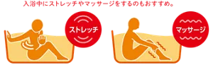 入浴中にストレッチやマッサージをするのもおすすめ。お風呂に浸かりながらストレッチやマッサージをする人物のイメージ画像
