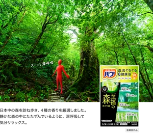 バブ 至福の森めぐり浴のパッケージ画像。バブの赤い人が森の中で「スーッと深呼吸」と言っているイメージ画像。日本中の森を訪ね歩き、4種の香りを厳選しました。静かな森の中にたたずんでいるように、深呼吸して気分リラックス。［医薬部外品］