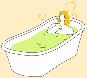 バブ メディキュア 極みのお湯に浸かって、ポカポカ温まっている様子の女性のイメージイラスト