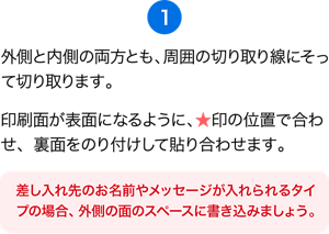 （1）外側と内側の両方とも、周囲の切り取り線にそって切り取ります。印刷面が表面になるように、★印の位置で合わせ、裏面をのり付けして貼り合わせます。［差し入れ先のお名前やメッセージが入れられるタイプの場合、外側の面のスペースに書き込みましょう。 ］