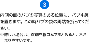 （3）内側の面のバブの写真のある位置に、バブ4錠を置きます。この時バブの袋の両端を折ってください。 ※難しい場合は、錠剤を輪ゴムでまとめると、おさまりやすいです。 