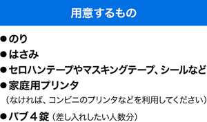 用意するもの　●のり ●はさみ ●セロハンテープやマスキングテープ、シールなど ●家庭用プリンタ（なければ、コンビニのプリンタなどを利用してください） ●バブ4錠（差し入れしたい人数分）