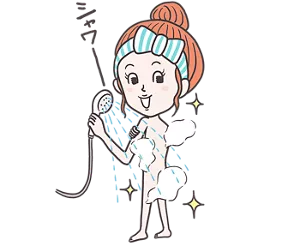 使い方［STEP3］の説明図。肌に塗ったバブ爽快シャワーをシャワーで流している女性のイラスト