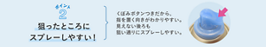ポイント2  狙ったところにスプレーしやすい！ くぼみボタンつきだから、指を置く向きがわかりやすい。見えない後ろも狙い通りにスプレーしやすい。 