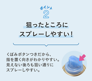 ポイント2  狙ったところにスプレーしやすい！ くぼみボタンつきだから、指を置く向きがわかりやすい。見えない後ろも狙い通りにスプレーしやすい。 