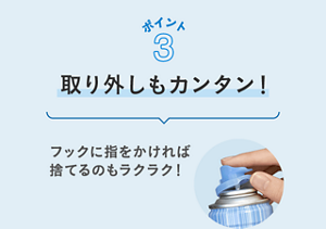 ポイント3 取り外しもカンタン！ フックに指をかければ捨てるのもラクラク！